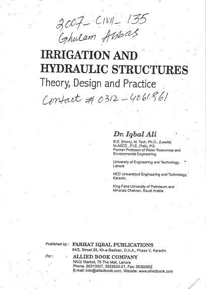 Irrigation and hydraulic structures: Theory, design and practice by Dr. Iqbal Ali 20