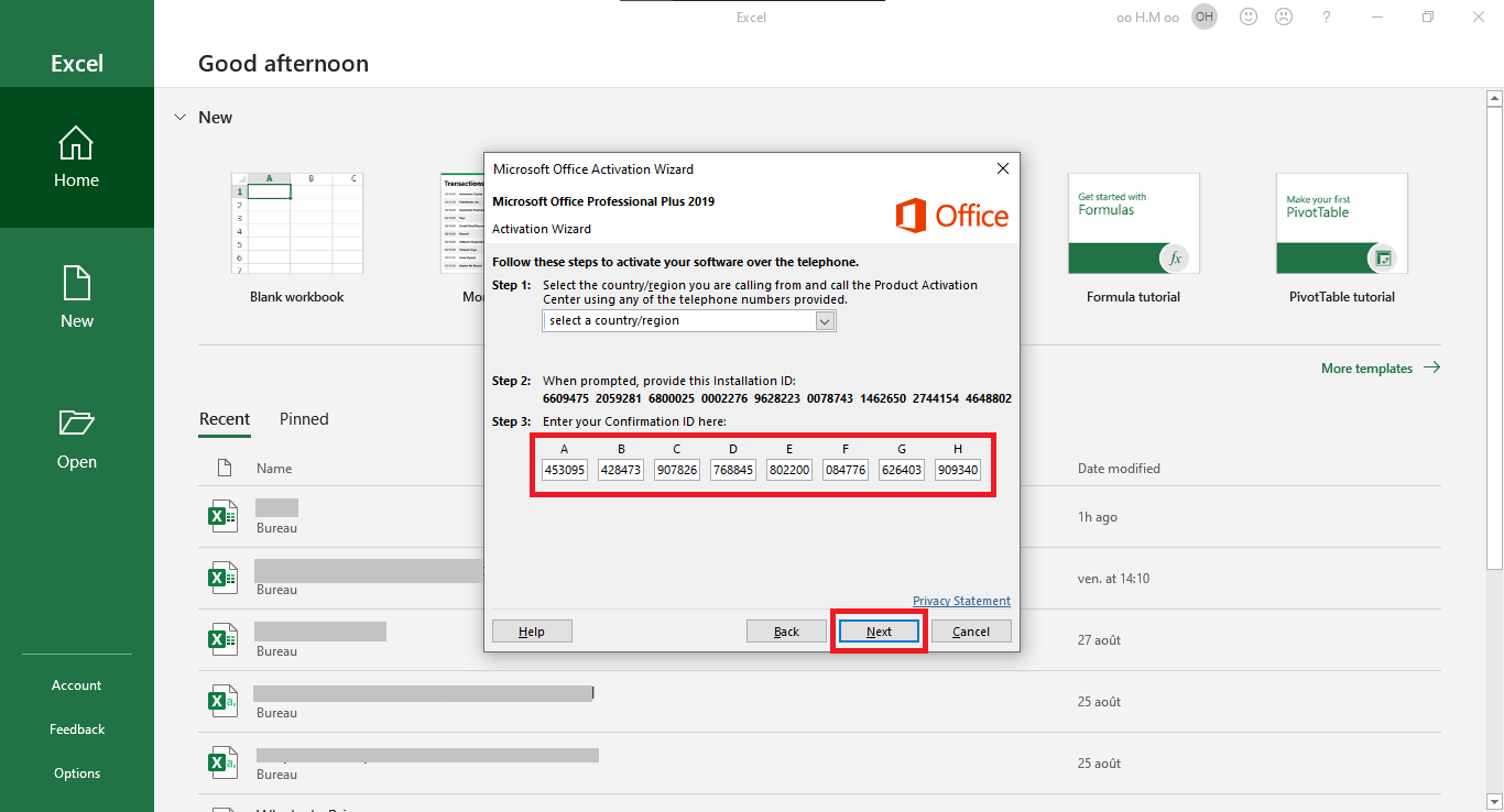 ms office 2019 professional plus not activated