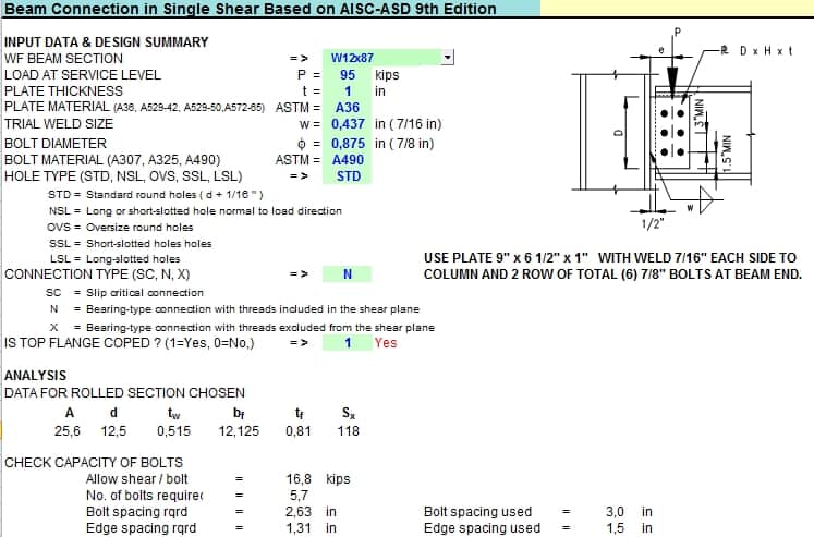 Beam Connection in Single Shear Based on AISC-ASD 9th Edition 2