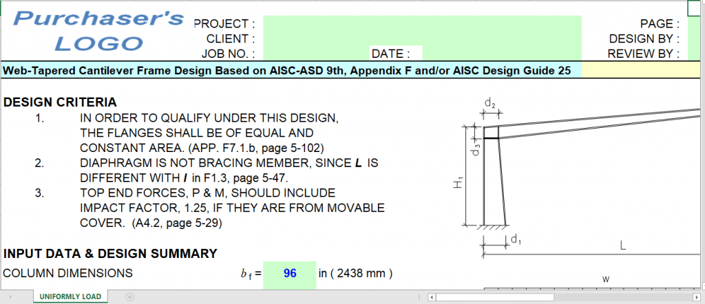 Web-Tapered Cantilever Frame Design Based on AISC-ASD 9th, Appendix F and/or AISC Design Guide 25 2