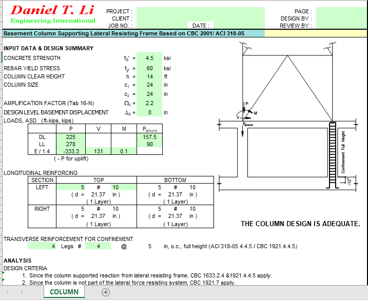 Basement Column Supporting Lateral Resisting Frame Based on CBC 2001/ ACI 318-05 2