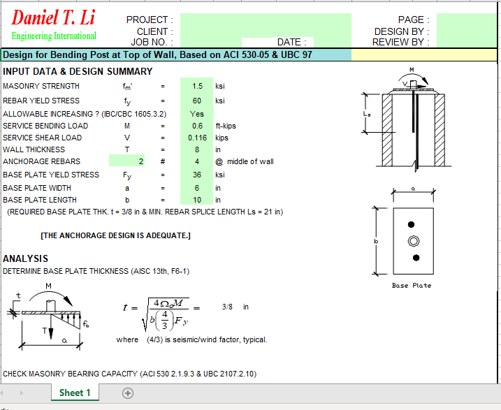 Design for Bending Post at Top of Wall, Based on ACI 530-05 & UBC 97 2