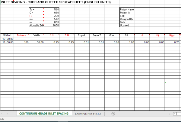 INLET SPACING - CURB AND GUTTER SPREADSHEET (ENGLISH UNITS) - Civil MDC