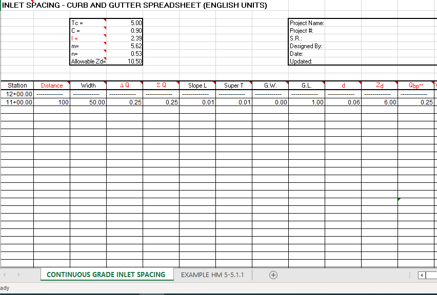 INLET SPACING - CURB AND GUTTER SPREADSHEET (ENGLISH UNITS) 1