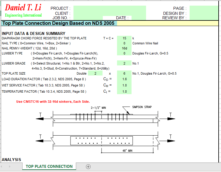 Top Plate Connection Design Based on NDS 2005 2