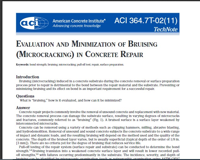 Evaluation And Minimization Of Bruising (Microcracking) In Concrete Repair (ACI 364.7T-02(11)) 7