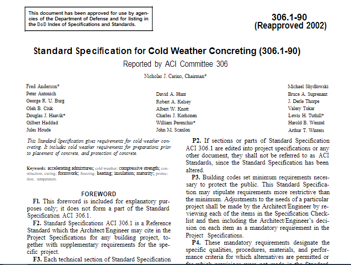 Standard Specification for Cold Weather Concreting (306.1-90) 1