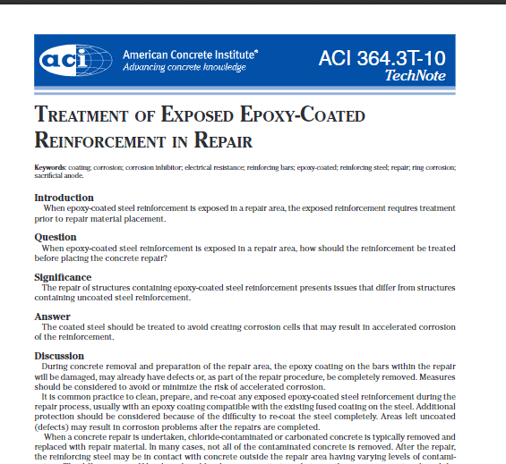 Treatment of Exposed Epoxy-Coated Reinforcement in Repair (ACI 364.3T-10) 11