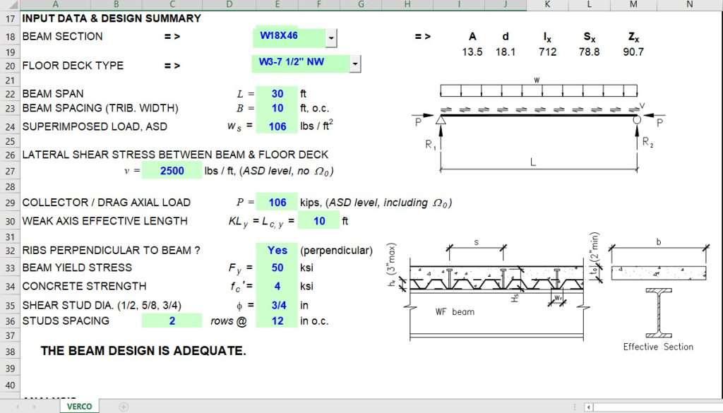 Composite Collector Beam Design with Seismic Loads Excel Sheet 4