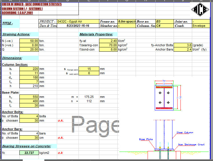 CHECK OF HINGED - BASE CONNECTION STRESSES COLUMN SECTION ( I - SECTIONS ) ACCORDING E.C.O.P.2001 2