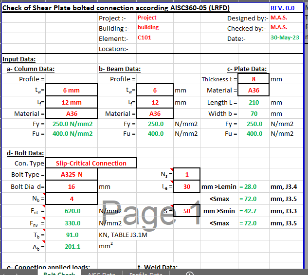 Check of Shear Plate bolted connection according AISC360-05 (LRFD) 18