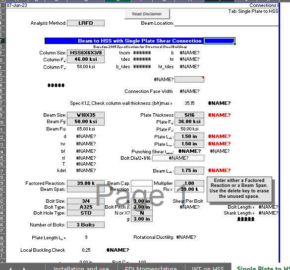 Beam to HSS with Single Plate Shear Connection 19